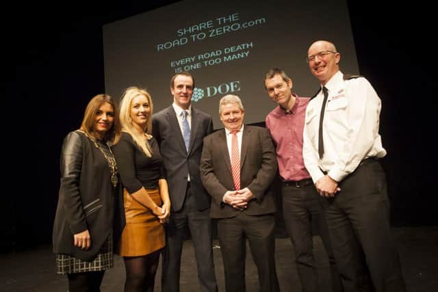 Group pictured at the Millennium Forum on Wednesday morning after the Greater Shantallow Community Arts production of 'Love Your Passenger, Love Yourself'. Included with the young performers are, from left, Councillor Elisha McCallion, Mayor of Derry City and Strabane District Council, Irene Noonan, choreographer, Mark H. Durkan, Minister for the Environment, Oliver Green, Producer, Paul Ryan, Youth Justice Agency, and Kieran Doherty, District Commander, Crescent Link Fire Station, one of the speakers. (Missing from photo is Attracta Bradley).
