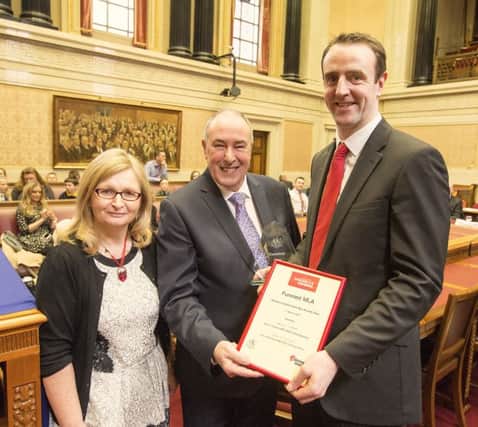 Enviroment Minister Mark H Durkan, MLA won the award for funniest politician at  this years Voicebox competition is congratulated by Speaker of the Assembly Mitchel McLaughlin, MLA and Alison McCullough, RCLST.  The event which takes the format of a joke competition was organised by the Royal College of Speech and Language Therapist  held at the Senate Chamber in Stormont's Parliament Buildings.  Picture by Brian Morrison.