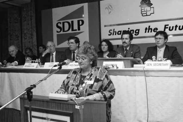 Former SDLP Councillor and MLA as well as a past Mayor of Derry, Mary Bradley addressing the SDLP annual conference when it was held in Derry in November, 1990. In the background are former SDLP leader, John Hume, the late Eddie McGrady, Denis Haughey and Alban McGuinness.