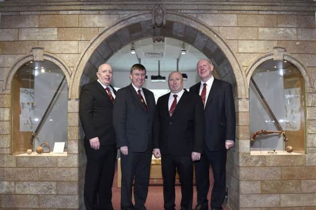 Pictured with Finance Minister Mervyn Storey, are (l-r) Ivan Taylor, Chairman of the Trustees of Apprentice Boys Memorial Hall, Jim Brownlee Governor of the Apprentice Boys of Derry and William Moore, Chairman of the Siege Museum Management Committee, at the official launch of the EU PEACE III funded Siege museum. Picture: Michael Cooper