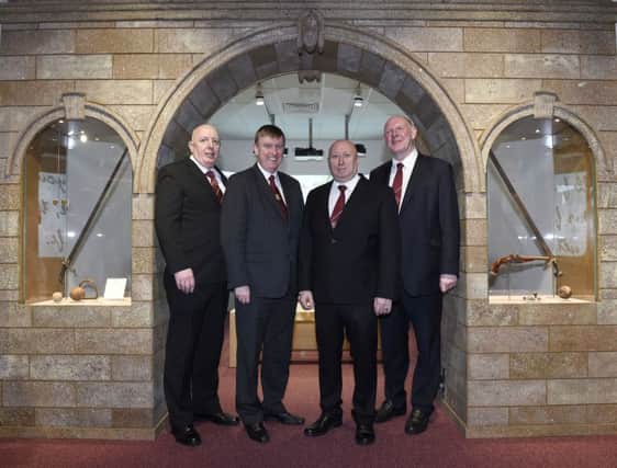 Pictured with Finance Minister Mervyn Storey, are (l-r) Ivan Taylor, Chairman of the Trustees of Apprentice Boys Memorial Hall, Jim Brownlee Governor of the Apprentice Boys of Derry and William Moore, Chairman of the Siege Museum Management Committee, at the official launch of the EU PEACE III funded Siege museum. Picture: Michael Cooper