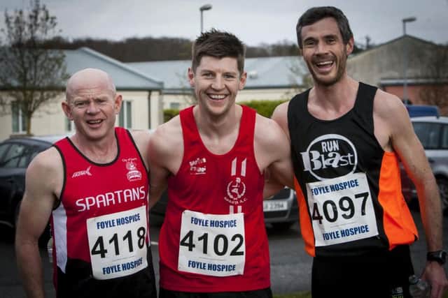 WINNER!. . . .St. Patrick's 5k road race winner on Saturday, Spartans Gary Slevin pictured with Chris McGuinness (2nd right) and Spartans Dermot McElhinney (3rd). DER1016MC032