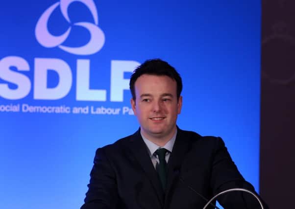 SDLP leader Colum Eastwood pictured at the SDLP conference in Derry on Saturday night.
