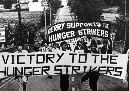 A group of republicans from Derry taking part in a protest march in 1981 during the hunger strike.