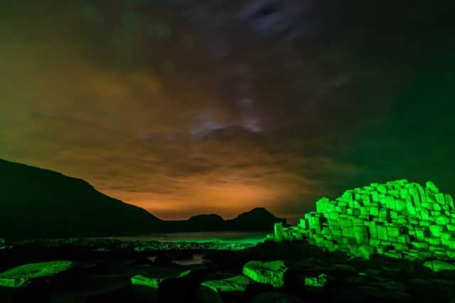 The Giant's Causeway  has been draped by a spectacular blanket of Green light as it gets ready to celebrate St Patricks Day. PICTURE MATT STEELE/MCAULEY MULTIMEDIA
