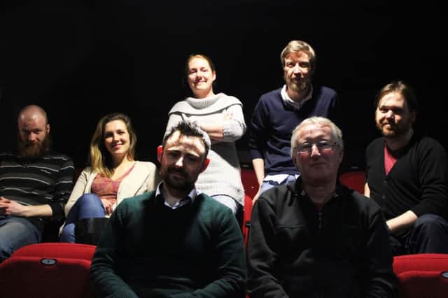 (L-R) John Paul Conaghan, actor Julie Addy, stage manager Fiona McLaughlin, director Kieran Griffiths (front), Writer Colin Bateman (front), Damian Quigley and Peter E Davidson