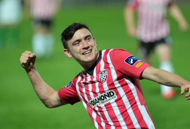 Derry City's Dean Jarvis celebrates Nathan Boyle's stoppage time winner.