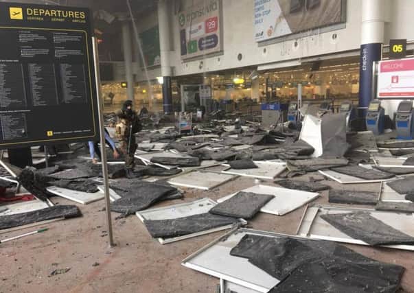 Picture taken with permission from the Facebook site of Jef Versele showing the aftermath of this morning's explosions at Brussels airport