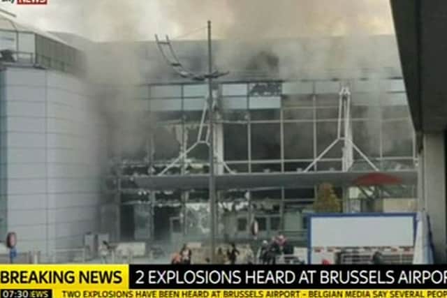 A screengrab taken from Sky TV of the scene at Brussels Airport, Belgium, where two explosions have been heard