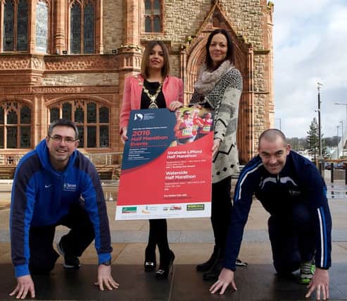 Mayor of Derry City and Strabane District, Councillor Elisha McCallion, pictured at the launch of the Waterside and Strabane Half Marathons with Andrea Campbell, Kevin Gallagher and Sean Hargan, Derry City and Strabane District Council.