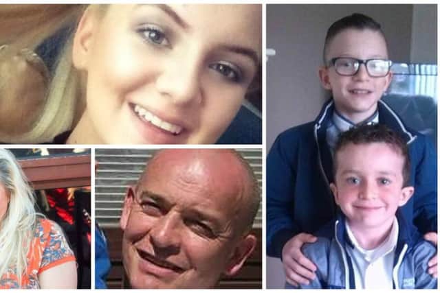 The five members of the McGrotty and Daniels family who lost their lives at Buncrana Pier, Jodie-Lee Daniels (14) ,top left, Mark (12) and Evan McGrotty (8), right and Ruth Daniels, bottom left and Sean McGrotty, bottom centre.