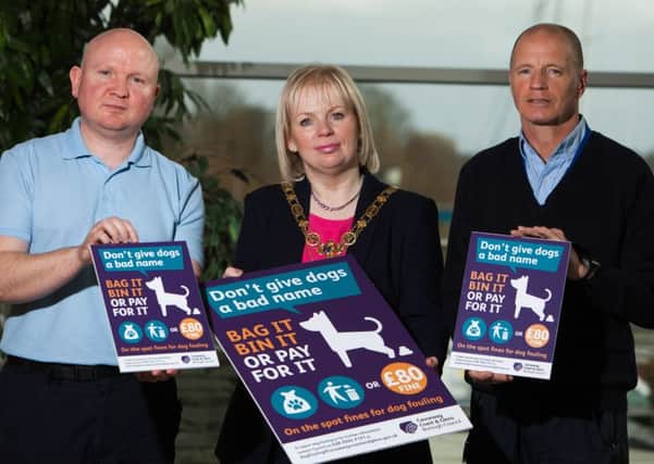 Mayor of Causeway Coast and Glens Borough Council, Councillor Michelle Knight-McQuillan and Councils Dog Wardens launched the Dog Fouling campaign last week. Pictured with Mayor, Councillor Michelle Knight-McQuillan are Council Dog Wardens, Timothy McHugh and Dave Sexton.