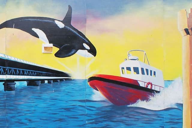 A modern interpretation on the Cathedral Youth Club wall of Derrys famous Dopey Dick incident when a killer whale surprisingly surfaced in the River Foyle in 1977.Painted by the Fountain Youth Club, Fountain Estate back in 2007.