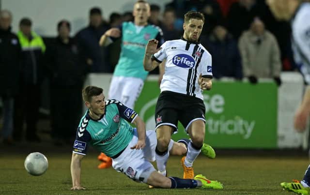 SSE Airtricity League Premier Division, Oriel Park, Louth 1/4/2016
Dundalk vs Derry City
Dundalk's Darren Meenan with Harry Monaghan of Derry City
Mandatory Credit Â©INPHO/Morgan Treacy