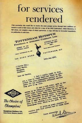 A Totteham Hotspur letter thanking Umbro for supplying two extra large football jerseys for their 'extra large centre half' in 1962.