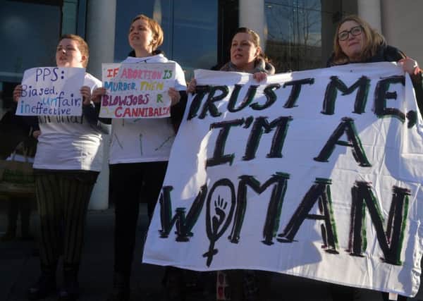 Protesters outside the Public Prosecution Service in Belfast on Thursday afternoon , the protest was hosted by Alliance for Choice and Belfast Feminist Network. Photo: Colm Lenaghan/Pacemaker