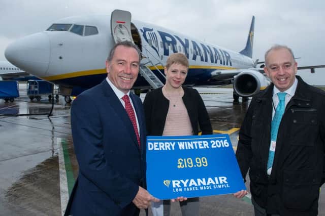 Ryanair have launched their Derry Winter 2016 Schedule. Pictured at the launch are Roy Devine, Chairman of City of Derry Airport Board, Kate Sherry, Director of Route Development, Ryanair and Clive Coleman, Contracts Director, Regional and City Airports. Picture Martin McKeown. Inpresspics.com. 12.04.16