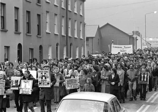 A hunger strike march on Abercorn Road during the 1980s.