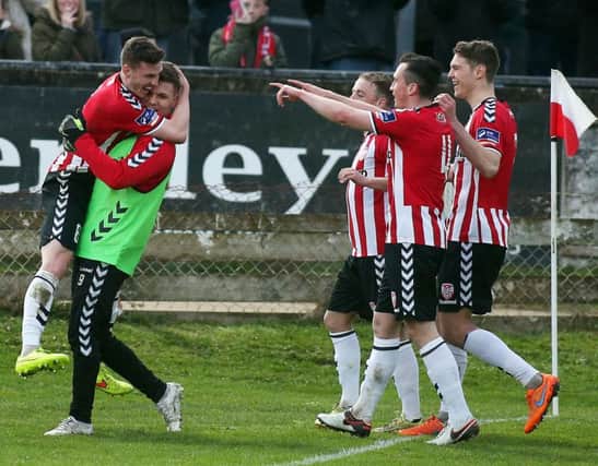 Harry Monaghan celebrates his header put Derry 2-0 up against Shamrock Rovers at Brandywell on Friday night. 

(Photo Lorcan Doherty / Presseye.com)