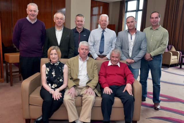 Bobby Kilgore (seated, centre) who recently retired after 41 years service in the NIFRS Western Area pictured with his wife Ann and retired colleagues at a lunch in the City Hotel on Friday last. Seated at the front, right is Billy Hamilton. Standing from left are Johnny Campbell, David Scanlon, Joe Morrison, Ken Russell, Bertie Magee and Jonathan Dunne. DER1516GS038