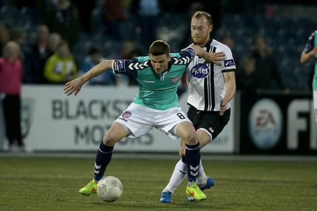 18/03/2016: Derry City's Harry Monaghan with Enda Curran of Galway United during Friday nights match at Brandywell. Picture Margaret McLaughlin ©