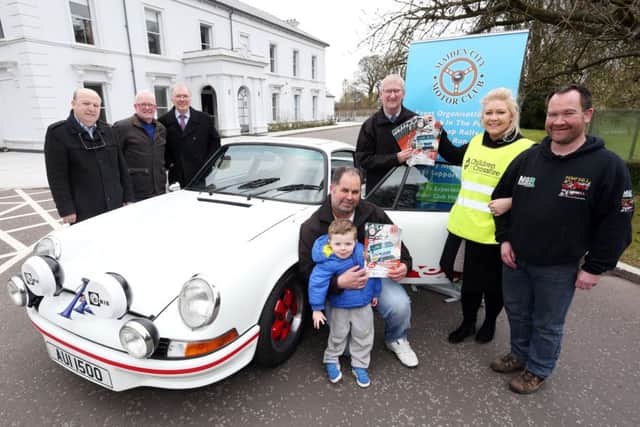 Master Alex Begley, Michael Irvine, Gerry ODoherty, Maiden City Motor Club Chairman, Eileen Warren, Children in Crossfire, Ricky Nutt. Back, from left, Danny Gormley, Clerk of the Course, Elkin Robinson, MCMC President, Declan McCay, Club Secretary. (Photo: Lorcan Doherty Photography)