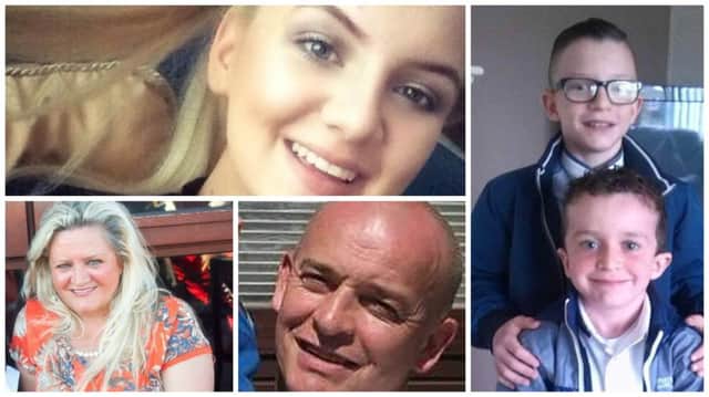 The five members of the McGrotty and Daniels family who lost their live at Buncrana Pier Jodie-Lee Daniels (14) ,top left, Mark (12) and Evan McGrotty (8), right and Ruth Daniels, bottom left and Sean Mcgrotty, centre.
