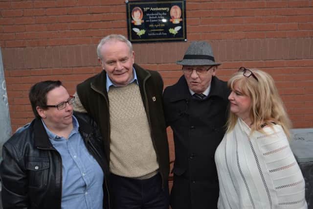 At the unveiling of the commemorative plaque to Derry men, Gary English and James Brown who were killed on Creggan Road in 1981, from left, Jackie Giles, (Jim Brown's sister), Sinn Fein election candidate for Foyle, Martin McGuinness, Mickey English (Gary English's father) and Sinn Fein election candidate for Foyle, Maeve McLaughlin.