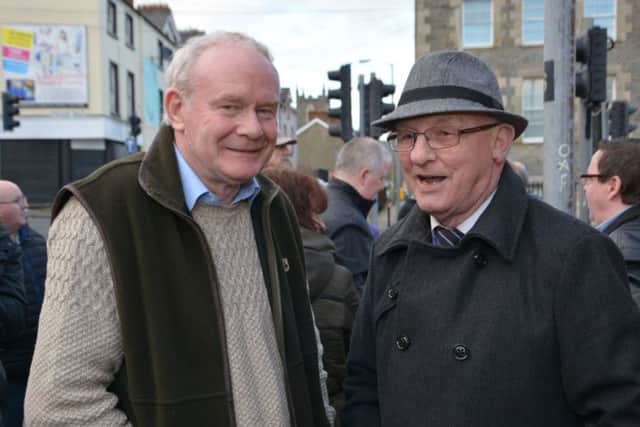 Sinn Fein election candidate, Martin McGuinness (left) pictured with Gary English's father, Mickey English at the unveiling of the special commemorative plaque.