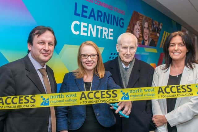The Access Diploma in Combined Studies celebrated over forty years of providing learners with an access route to higher education with qualifications equivalent to three A-Levels. To celebrate this NWRC opened a new Access Learning Centre for current programme learners and staff featuring new classrooms and modern learning support areas, following a launch event on Tuesday 19th April. Pictured is Leo Murphy, Principal and Chief Exceutive of NWRC, Professor Ruth Fee of University of Ulster, course founder Frank D'arcy and Emer O'Sullivan, Curriculum Manager and Course Director at NWRC.