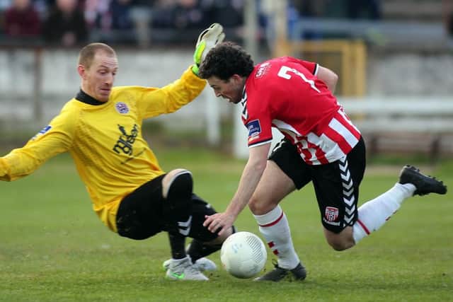 Â©/Presseye.com - 22nd April 2016.  Press Eye Ltd - Northern Ireland - Airtricity League Premier Division - Derry City V Bohemians

Derry Barry McNamee and Bohemian's Dean Delany.

Mandatory Credit Photo Lorcan Doherty / Presseye.com