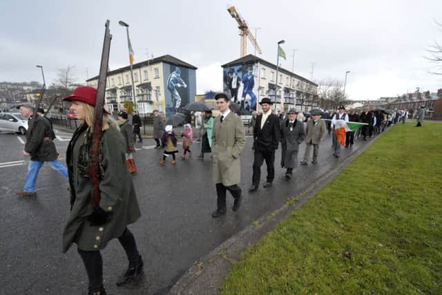Some of the people who dressed in period costume for the Sinn Fein 1916 Easter Rising centenary commemoration in Derry recently. DER1316GS021