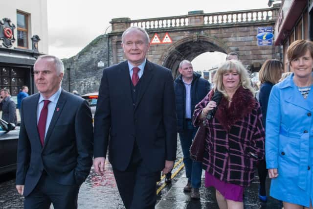 Pacemaker Press Belfast 27-04-2016:  Raymond McCartney, Martin McGuinness, Maeve McLaughlin and Catriona Ruane pictured in Derry after the launch of Sinn Fein's election manifesto in L-Derry, Northern Ireland.
Picture By: Pacemaker.