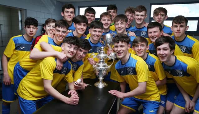 St Columb's College v St Joseph's (Derry)

St Columb's College celebrate victory with the  the Malcolm Brodie Challenge Trophy  in the Inspiresport Senior U16 Cup during the Inspiresport Schools Football Finals Day at the Ballymena Showgrounds
Picture by Brian Little/Presseye