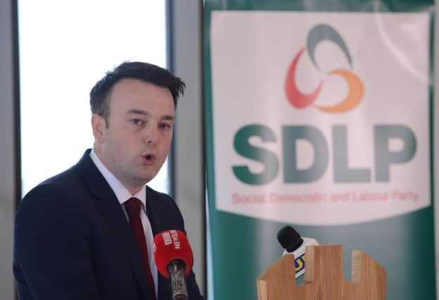 Pacemaker Press Belfast 11-04-2016: The Social Democratic and Labour Party leader Colum Eastwood pictured outlining his vision of Progressive Nationalism. during the SDLP's manifesto launch in The O'Neill Ranfurly House Arts and Visitor Centre in Dungannon Northern Ireland.
Picture By: Arthur Allison.