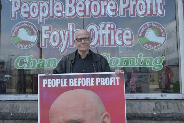 People Before Profit Assembly MLA candidate Eamonn McCann pictured outside the PBP election office in Foyle Street Derry. DER1716GS004
