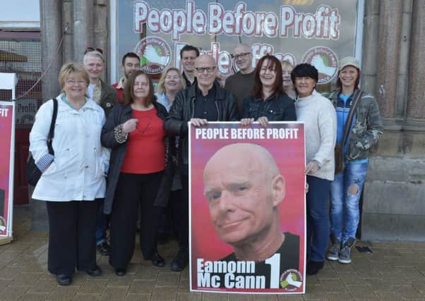 People Before Profit Assembly MLA candidate Eamonn McCann pictured with Kate Nash, Bernadette McAliskey, Dublin North TD Clare Daly and election workers outside the PBP office in Foyle Street Derry. DER1716GS005