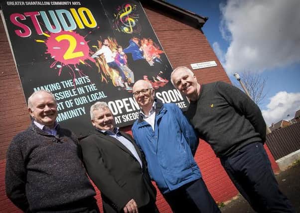 Deputy First Minister Martin McGuinness pictured at the Bloomfield Mural on Saturday morning to launch the Studio 2 Mural. Phase 1 of the Greater Shantallow Community Arts Studio 2 Project will see the opening in the next few weeks at Skeoge Industrial Estate. Included are  Joe Martin, Northside Development Trust, Oliver Green, Artistic Director, Greater Shantallow Community Arts and Raymond McCartney, MLA.