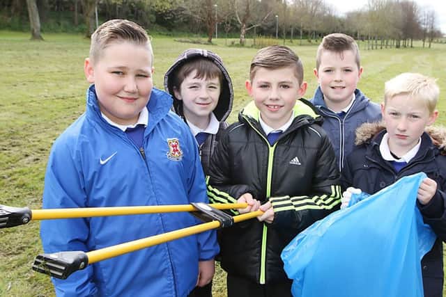 Termoncanice Primary School pupils Dillan, Rory, James, Dylan and Luke who along with their school friends joined with the staff from Tesco Limavady and helped with the task of cleaning the Backburn Path in Limavady. INLV1816-280KDR