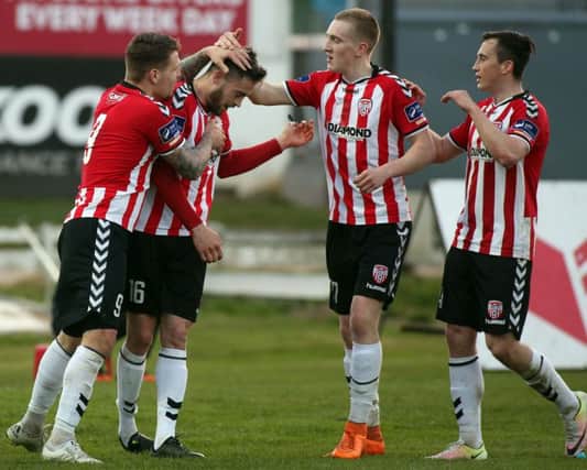 Derry's Nathan Boyle celebrates his opening goal during the Candy Stripes 2-0 win over Sligo in the Cup.

Mandatory Credit Photo Lorcan Doherty / Presseye.com