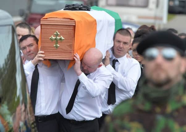 PACEMAKER BELFAST   05/05/2016
A guard of honour flanks the coffin of Michael Barr at his funeral in Strabane Co Tyrone this morning. Barr was shot dead at the end of April in a pub in Dublin. It is thought his murder is part of a bitter feud between rival gangs in the city.
NO BYLINE PLEASE