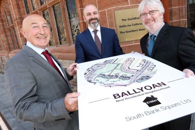 Friday 13th a good day for Derry L-R Seamus Gillan (South Bank Sq), Brian Kelly (Turley), John Quinn (ASI Architect) submit Â£100m plans for new homes, outside the Guildhall.