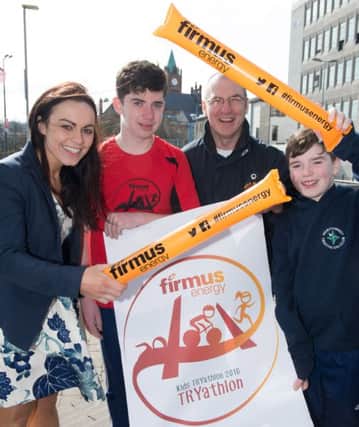Pictured at the launch of the 2016 firmus energy Kids' TRYathlon are (from left): Angeline Murphy, firmus energy; Eoin Taylor,  Adrian Kelly, Race Director and Ruairi Taylor.