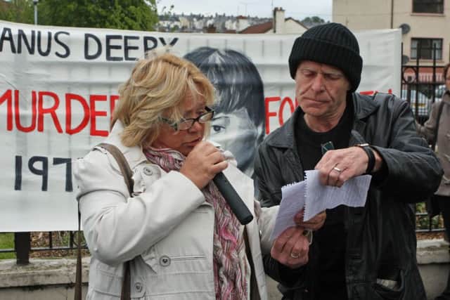 Helen Deery, sister of Manus Deery, addresses the attendance during her brother's 39th anniversary vigil five years ago.