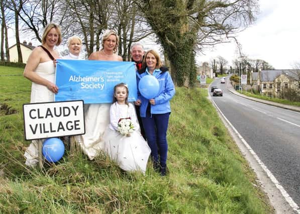 Local singing legend Daddy Remo, from the Ritchie Remo Band joins the Fiona Quinn from the Alzheimer's Society and the Alla Ladies to promode their Brides Through Claudy walk on Sat 21st May. Pic James Whorriskey.