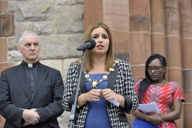 The Mayor of Derry and Strabane Councillor Elisha McCallion speaking previously at a solidarity vigil held in Guildhall Square supporting refugees fleeing conflict.  DERR3615GS04