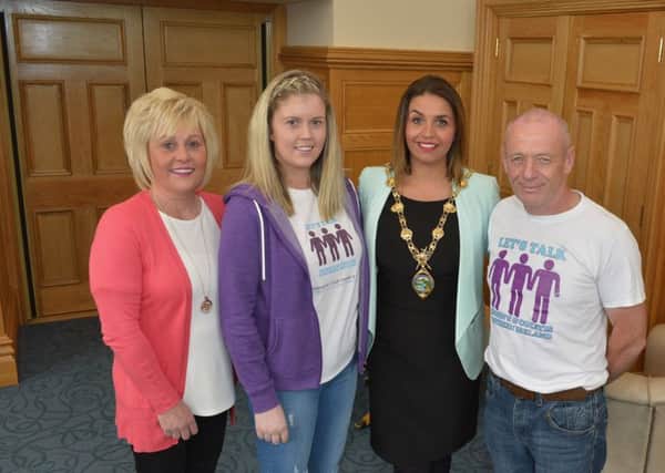 Aneica Duffy with the Mayor of Derry and Strabane Colr Elisha McCallion, her mum Caroline; and Pauric Duffy at the Guildhall. DER2016GS020