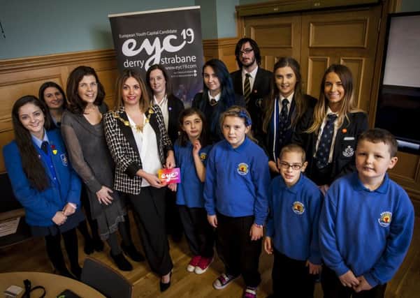 .The Mayor of Derry City and Strabane District Council pictured at a previous European Youth Capital 19 event in the Guildhall with representatives from various primary and secondary schools throughout the north west. Included are Oonagh McGillion, Director of Legacy and Emma McLaughlin, EYC Officer, Derry City and Strabane District Council.