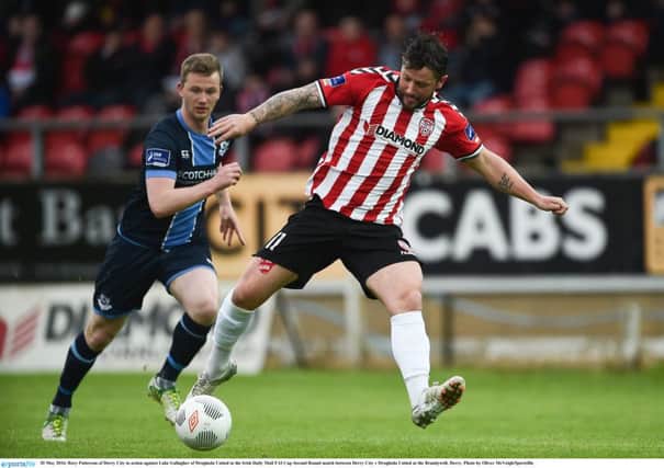 Rory Patterson of Derry City in action against Luke Gallagher of Drogheda United in the Irish Daily Mail FAI Cup Second Round match at the Brandywell, Derry. Photo by Oliver McVeigh/Sportsfile
