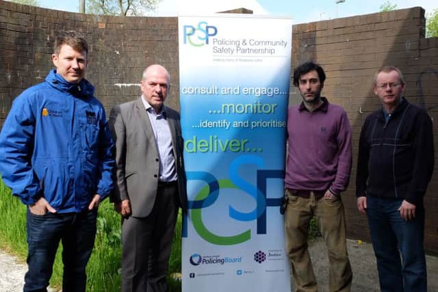 Pictured from left to right, John Devine (Co-ordinator - Youth Outreach Programme), Dermot Harrigan (P.C.S.P.) Alessio Zanin (Director) and Eric McGinley (Sinn Fein Councillor).